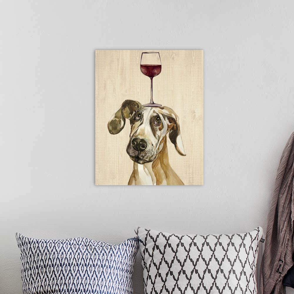 A bohemian room featuring A Great Dane balancing a glass of wine on its head.