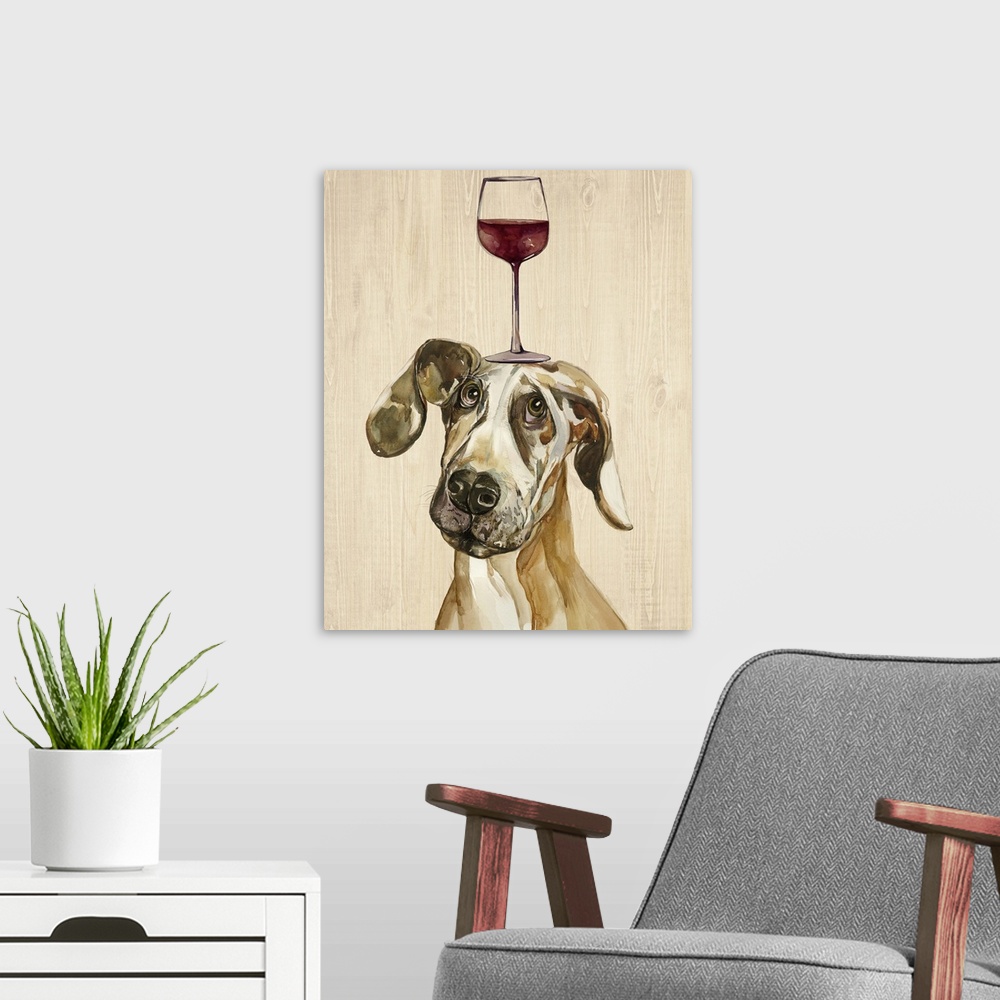 A modern room featuring A Great Dane balancing a glass of wine on its head.