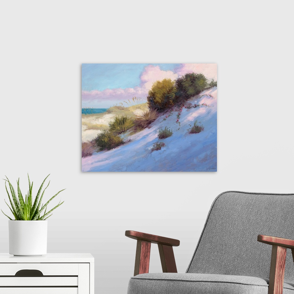 A modern room featuring Contemporary painting of beach grasses on a dune near the ocean.