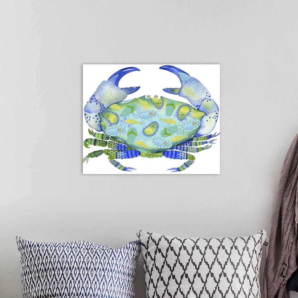 A bohemian room featuring Watercolor painting of a blue and green colored crab with Summer themed illustrations on its shell.