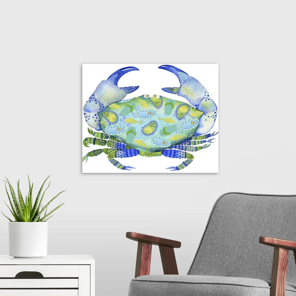 A modern room featuring Watercolor painting of a blue and green colored crab with Summer themed illustrations on its shell.