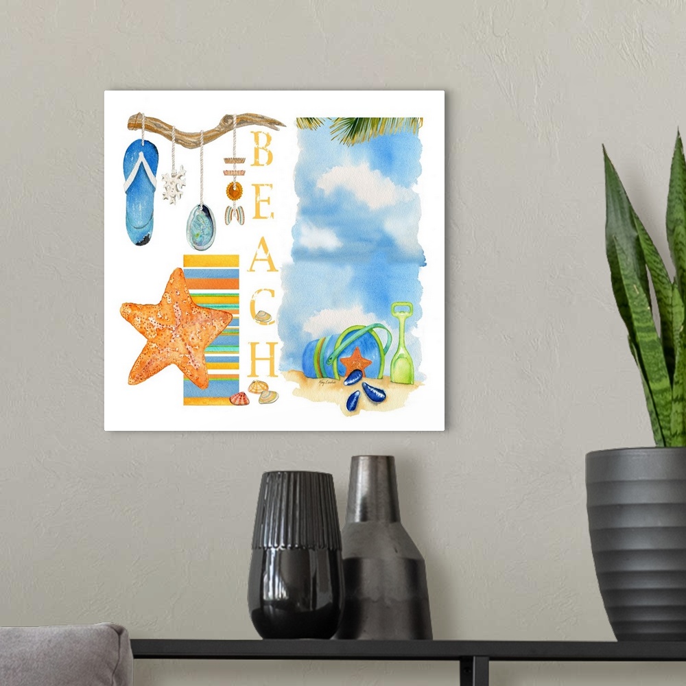 A modern room featuring Watercolor painting with a collage of tropical beach necessities.