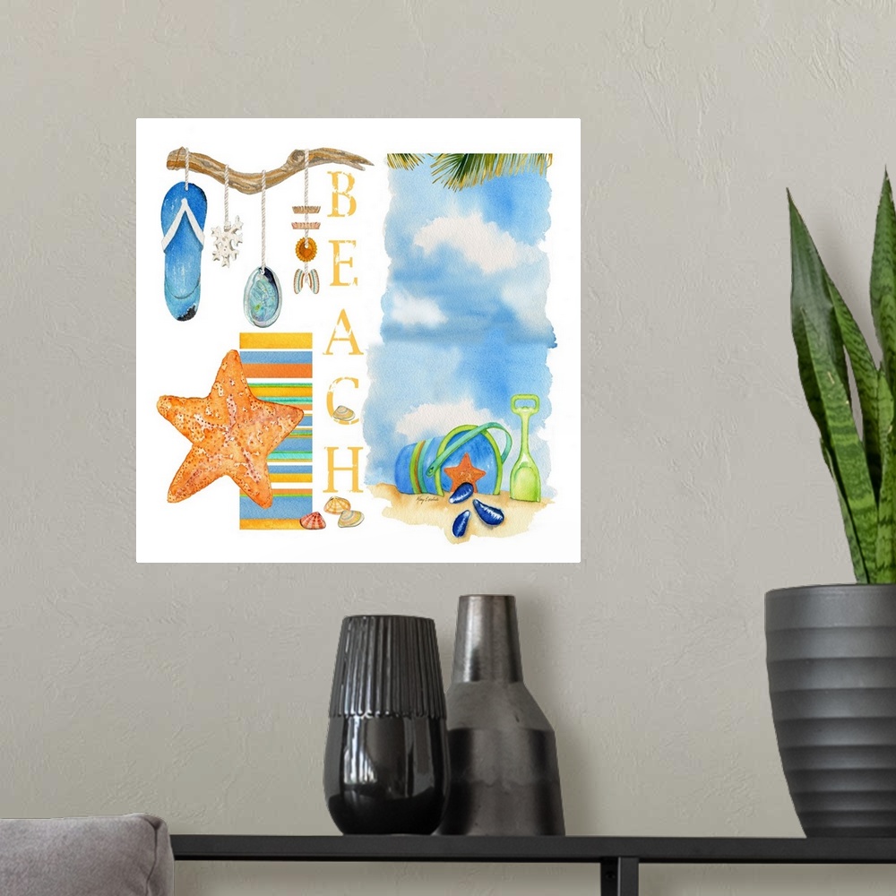 A modern room featuring Watercolor painting with a collage of tropical beach necessities.