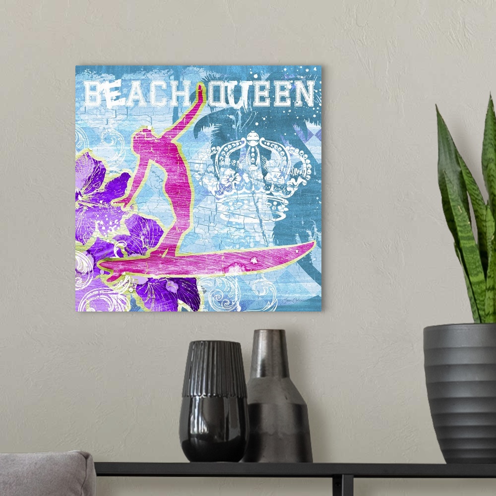 A modern room featuring Fun and colorful surfer art perfect for any teen girl's room.