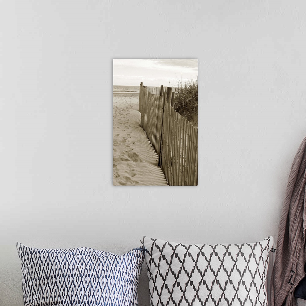 A bohemian room featuring Sepia toned photograph of sand dune fences making a path leading to the beach.