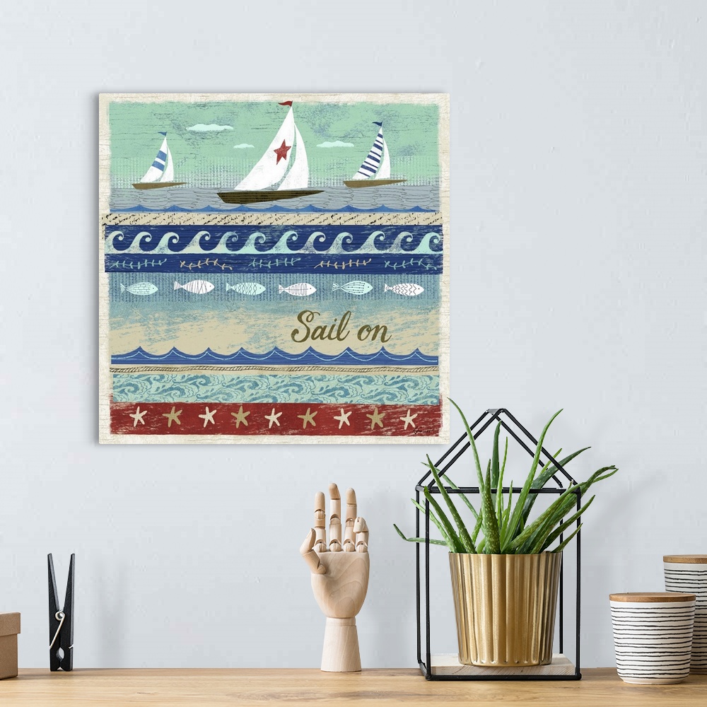 A bohemian room featuring Contemporary artwork with a retro nautical feel of sailboats and different ocean wave patterns.