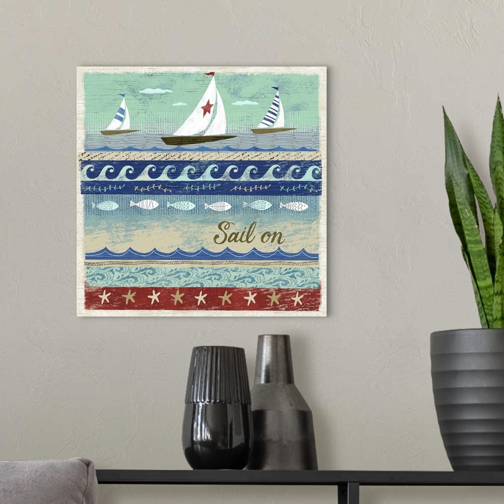A modern room featuring Contemporary artwork with a retro nautical feel of sailboats and different ocean wave patterns.