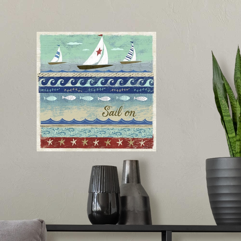 A modern room featuring Contemporary artwork with a retro nautical feel of sailboats and different ocean wave patterns.