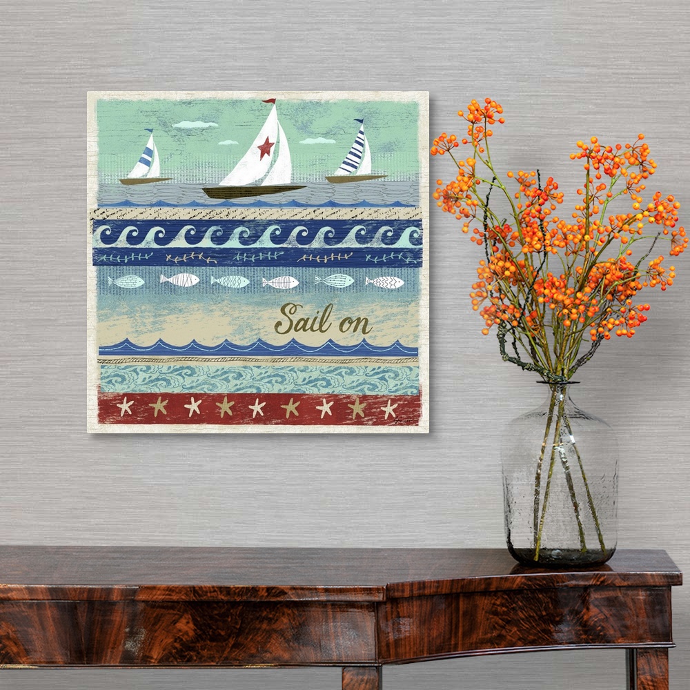 A traditional room featuring Contemporary artwork with a retro nautical feel of sailboats and different ocean wave patterns.