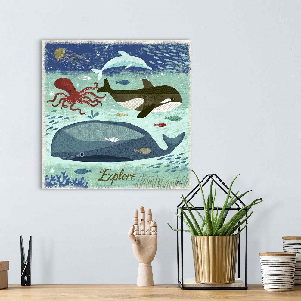 A bohemian room featuring Contemporary artwork with a retro nautical feel of whales and other assorted sea life under the w...
