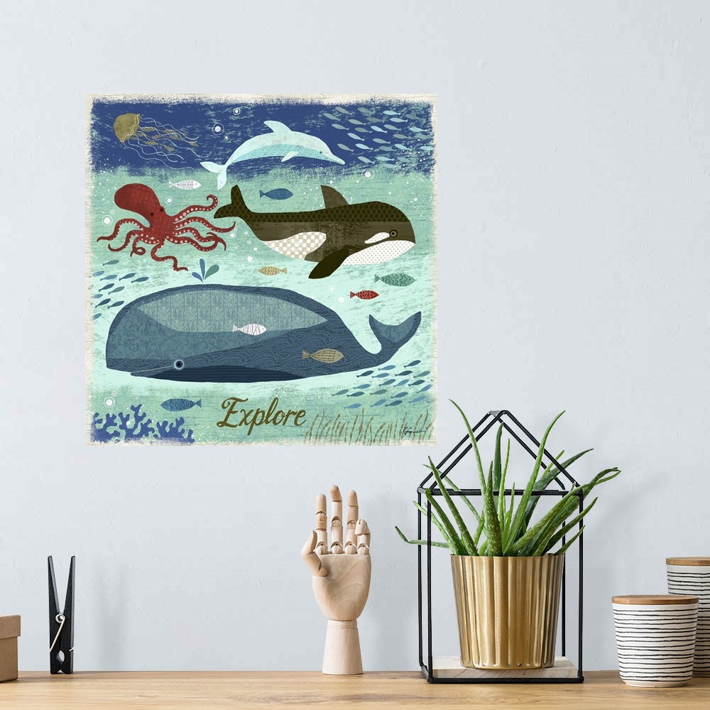 A bohemian room featuring Contemporary artwork with a retro nautical feel of whales and other assorted sea life under the w...