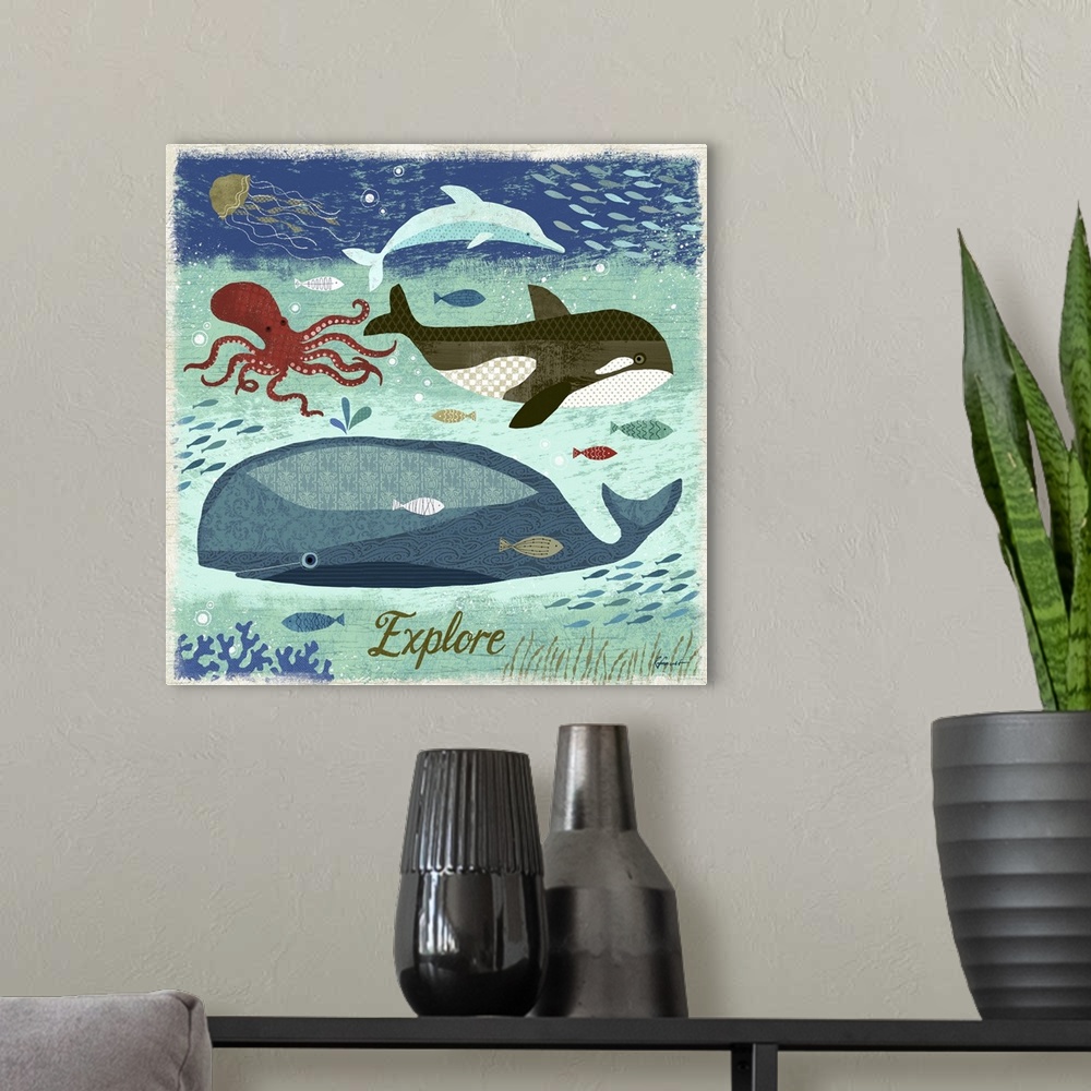 A modern room featuring Contemporary artwork with a retro nautical feel of whales and other assorted sea life under the w...