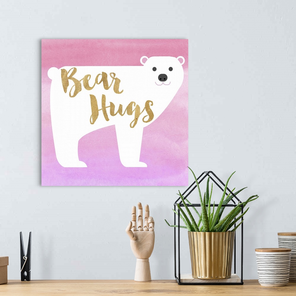 A bohemian room featuring Watercolor illustration of a polar bear with "bear hugs" in gold lettering.