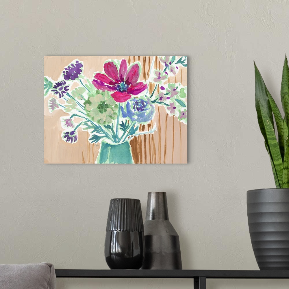 A modern room featuring Watercolor painting of a bouquet of pink, green, and blue flowers on tan.