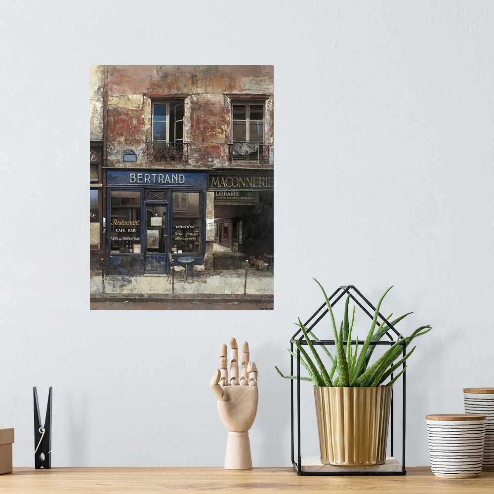 A bohemian room featuring Contemporary painting of a restaurant storefront downtown in a city.