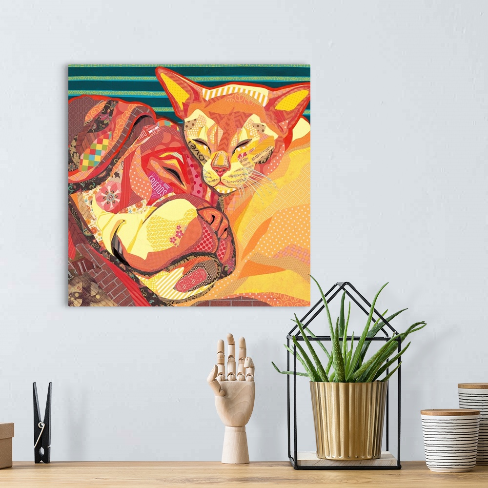 A bohemian room featuring Mixed media art creating a snuggling cat and dog in warm tones.