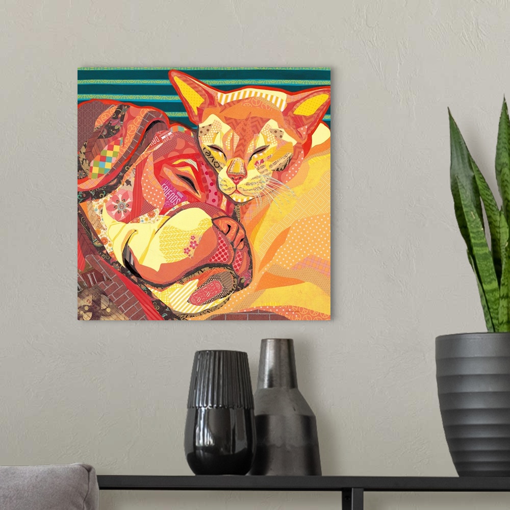 A modern room featuring Mixed media art creating a snuggling cat and dog in warm tones.