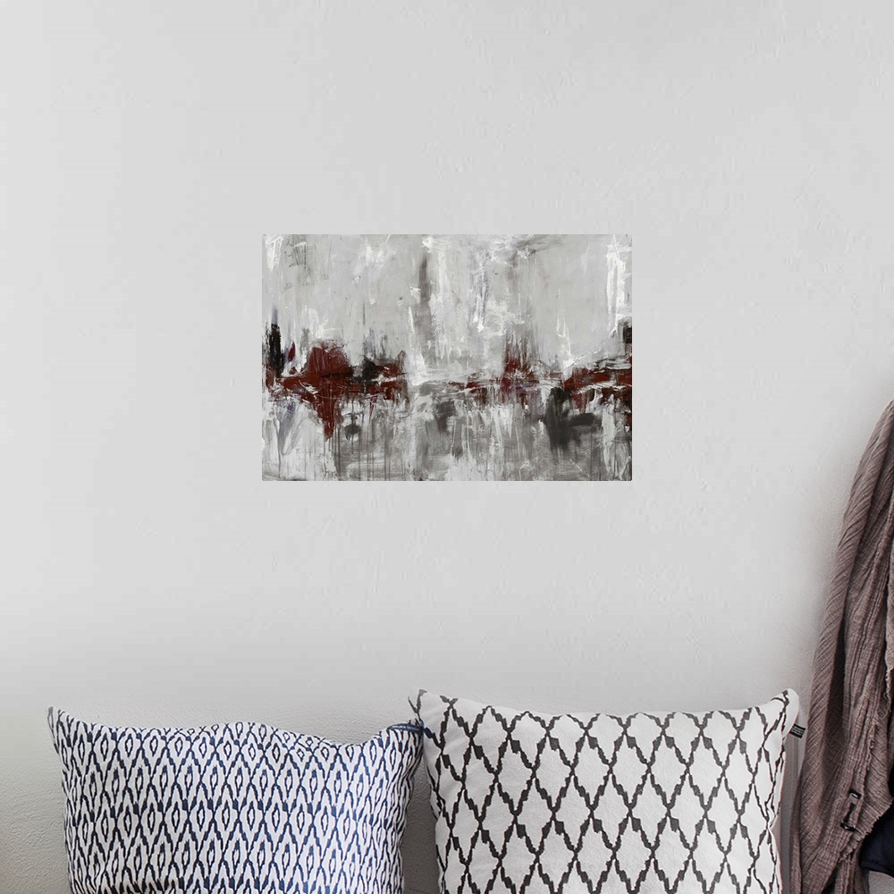 A bohemian room featuring Contemporary abstract painting using earthy tones mixed with neutral tones.