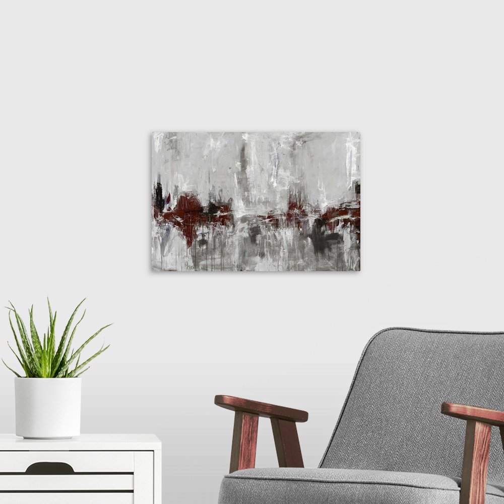 A modern room featuring Contemporary abstract painting using earthy tones mixed with neutral tones.