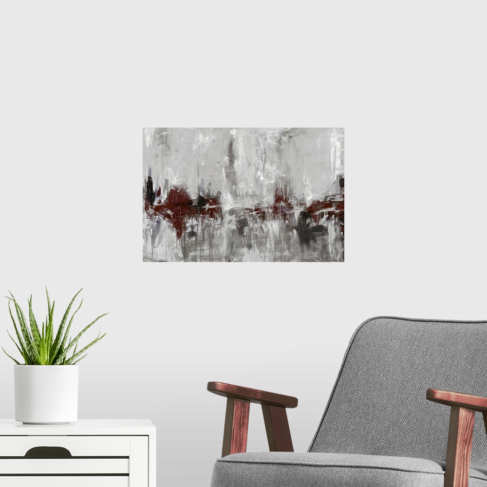 A modern room featuring Contemporary abstract painting using earthy tones mixed with neutral tones.