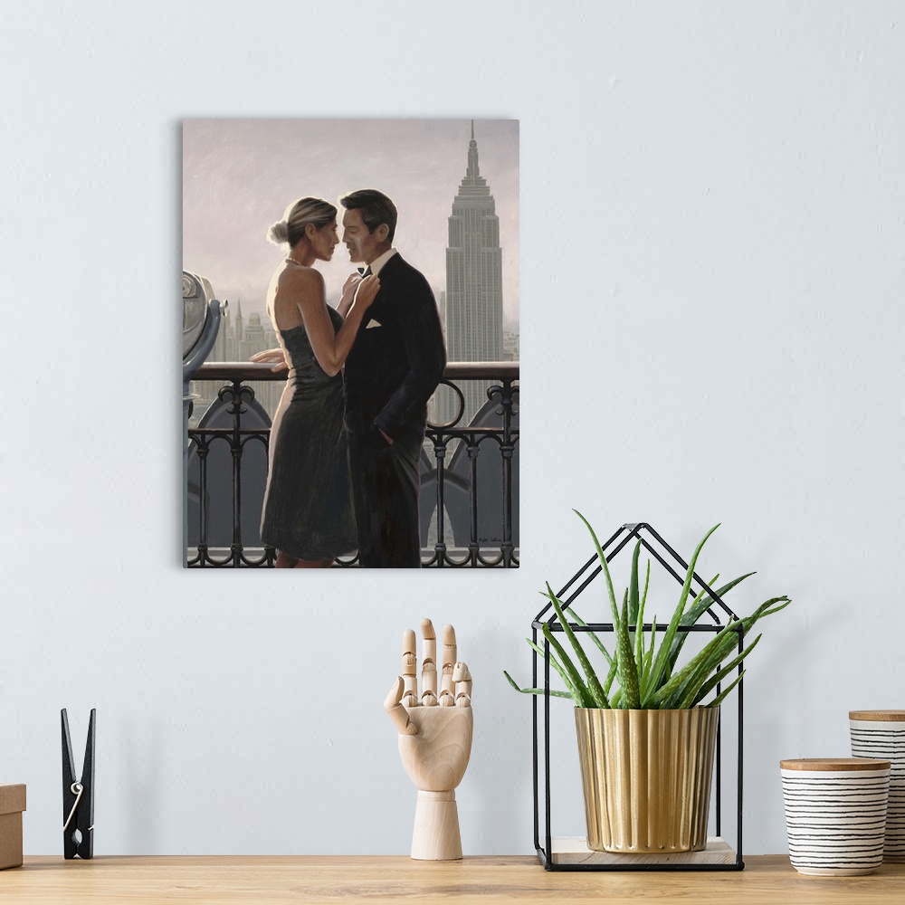 A bohemian room featuring Contemporary painting of a man and woman in fancy dress on a balcony with the Empire State Buildi...