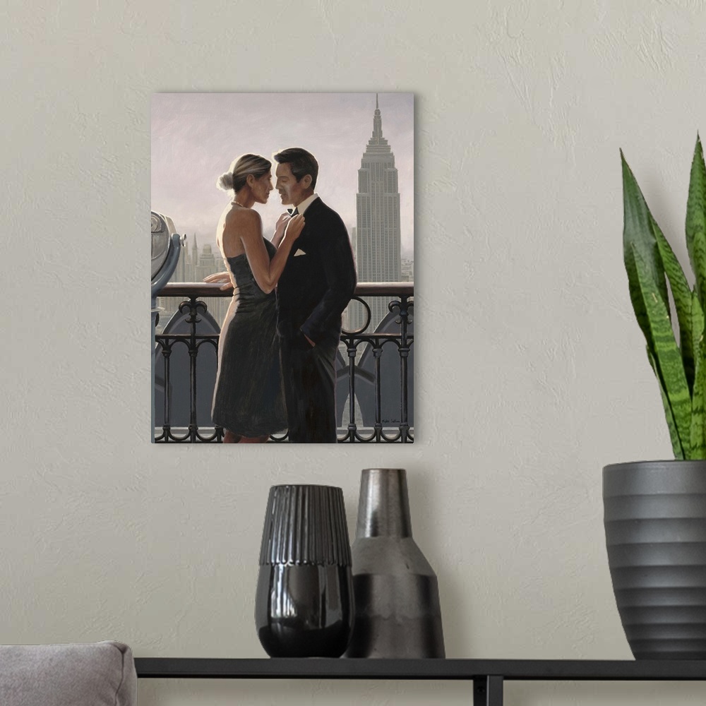 A modern room featuring Contemporary painting of a man and woman in fancy dress on a balcony with the Empire State Buildi...