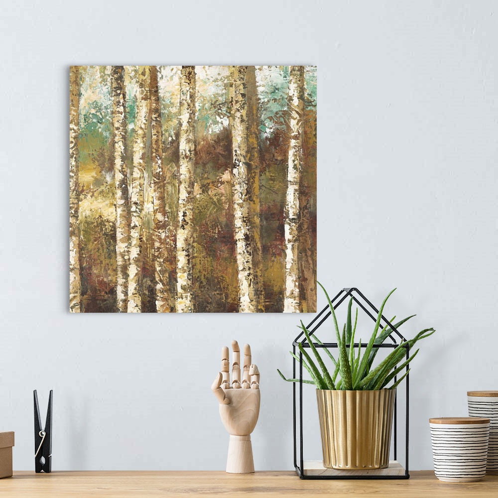 A bohemian room featuring Contemporary painting of a forest of white birch trees.
