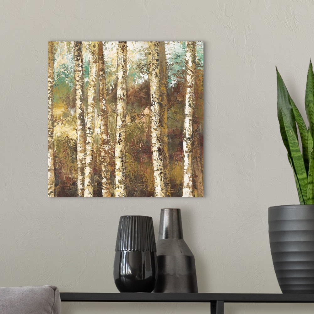A modern room featuring Contemporary painting of a forest of white birch trees.