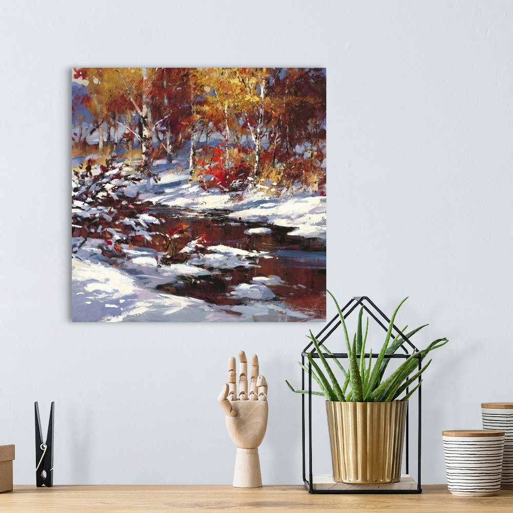 A bohemian room featuring Contemporary painting of a stream running through a forest in winter.