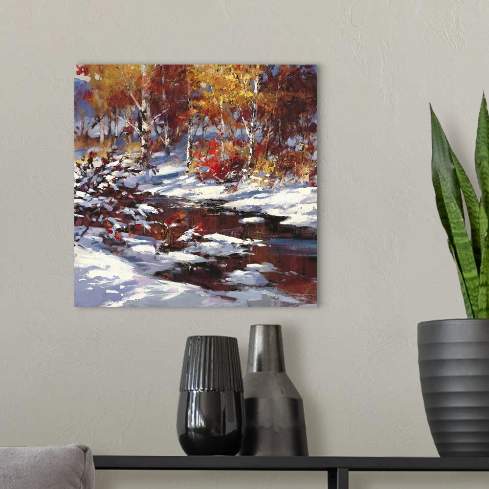 A modern room featuring Contemporary painting of a stream running through a forest in winter.