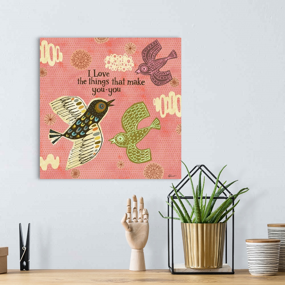 A bohemian room featuring Contemporary artwork with a retro feel of birds flying around with decorative shapes.