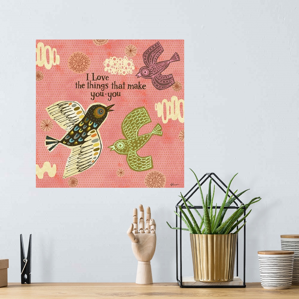 A bohemian room featuring Contemporary artwork with a retro feel of birds flying around with decorative shapes.
