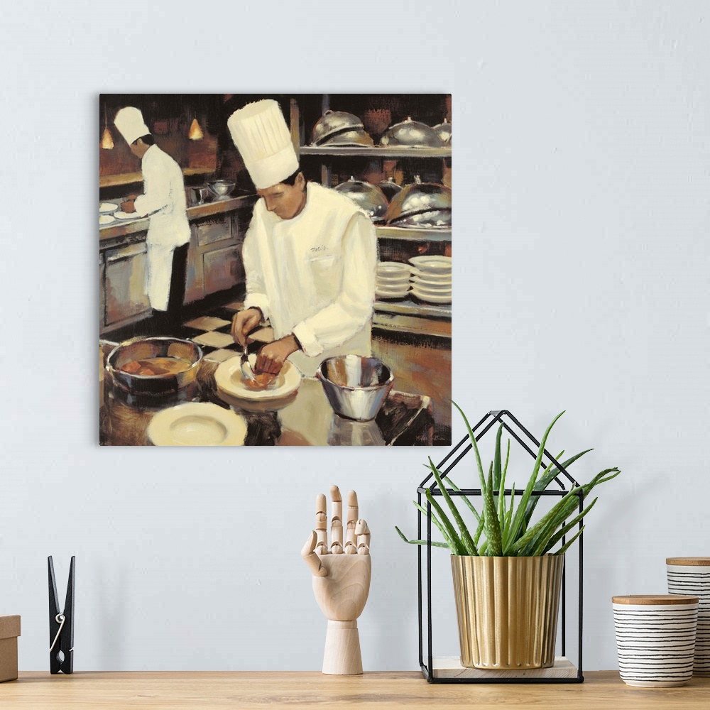 A bohemian room featuring Contemporary painting of chefs preparing a gourmet meal.