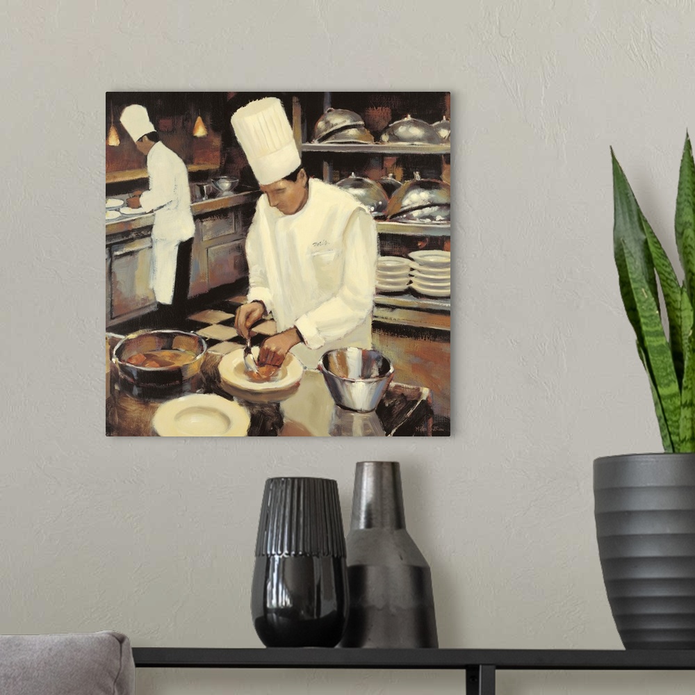 A modern room featuring Contemporary painting of chefs preparing a gourmet meal.