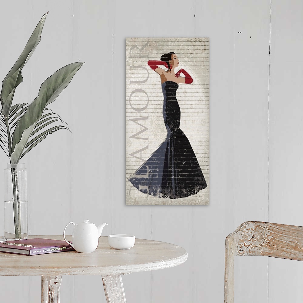 A farmhouse room featuring Fashionable woman wearing a trendy black evening dress.
