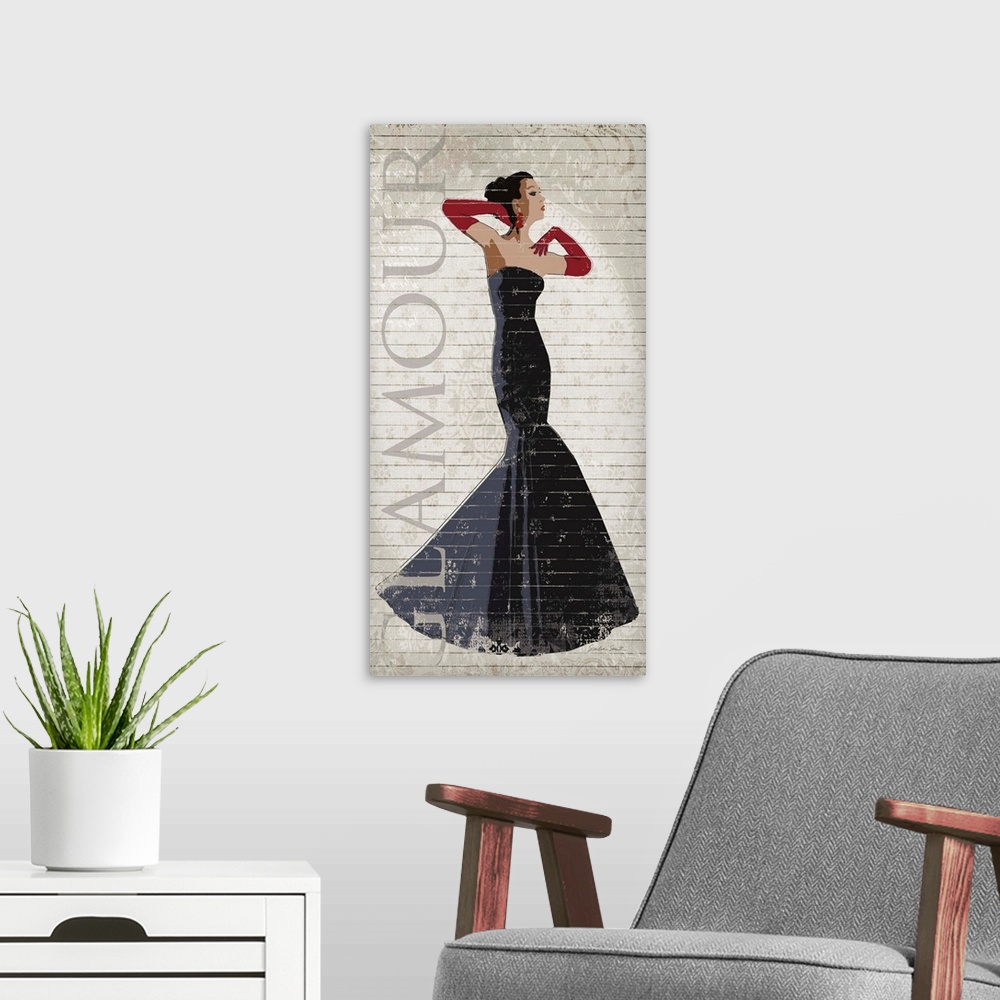 A modern room featuring Fashionable woman wearing a trendy black evening dress.