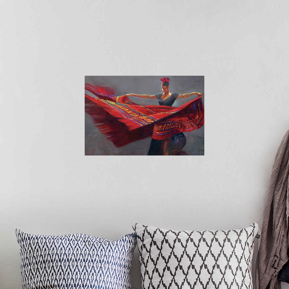 A bohemian room featuring Contemporary painting of a woman holding a vibrant red blanket dancing.