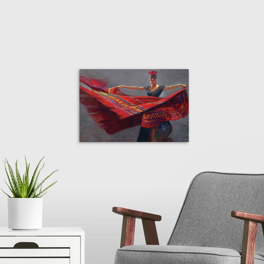A modern room featuring Contemporary painting of a woman holding a vibrant red blanket dancing.