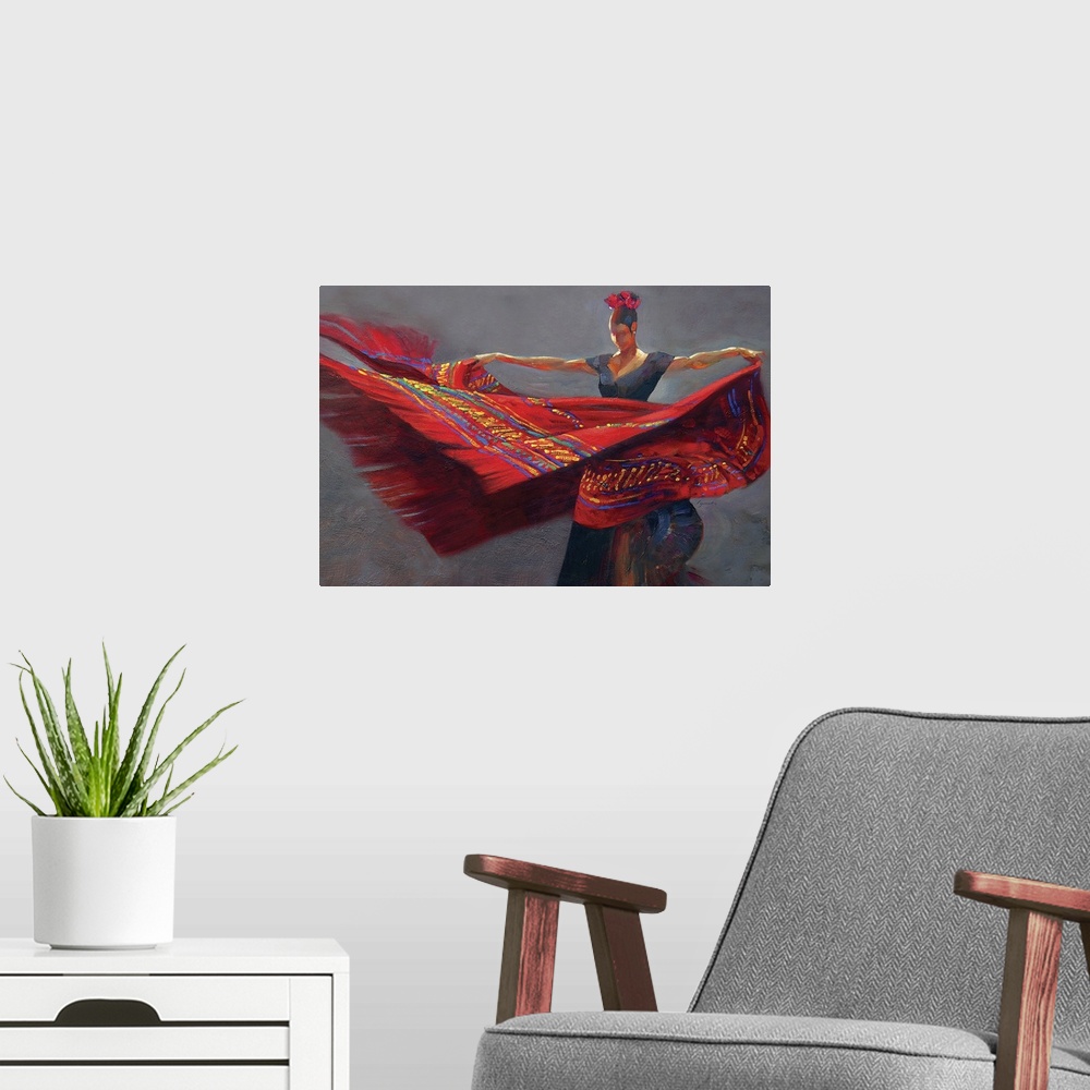 A modern room featuring Contemporary painting of a woman holding a vibrant red blanket dancing.