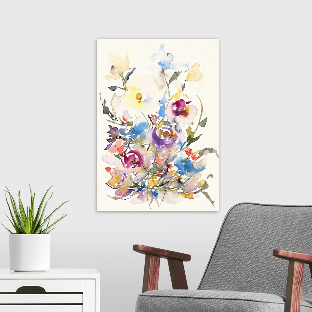 A modern room featuring Watercolor artwork of an abundance of blooming flowers on off-white.