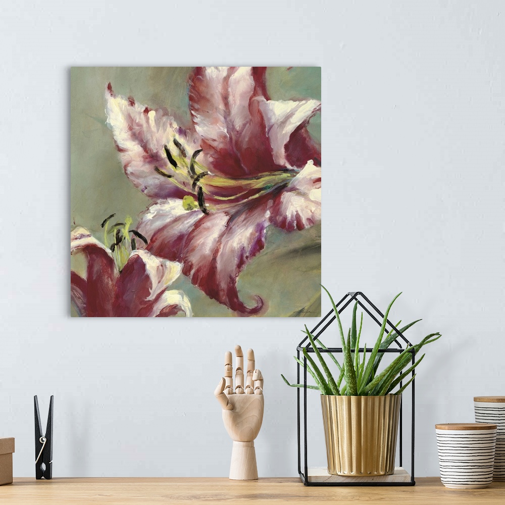 A bohemian room featuring Contemporary painting of a pink lily flower.
