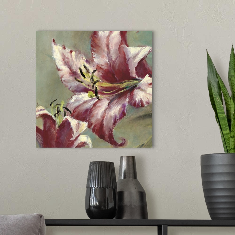 A modern room featuring Contemporary painting of a pink lily flower.