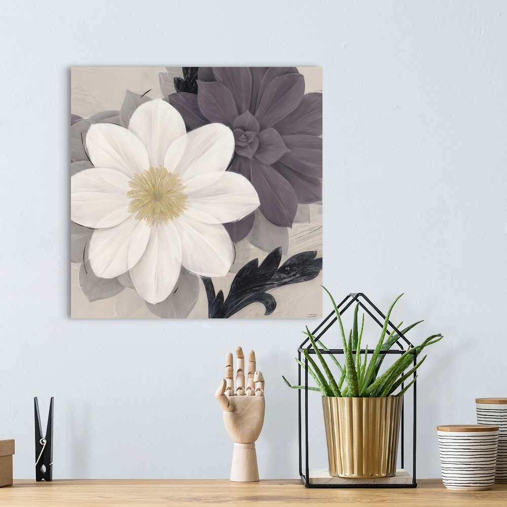 A bohemian room featuring A simplistic, contemporary image of a white and purple flower against a light grey background. Th...