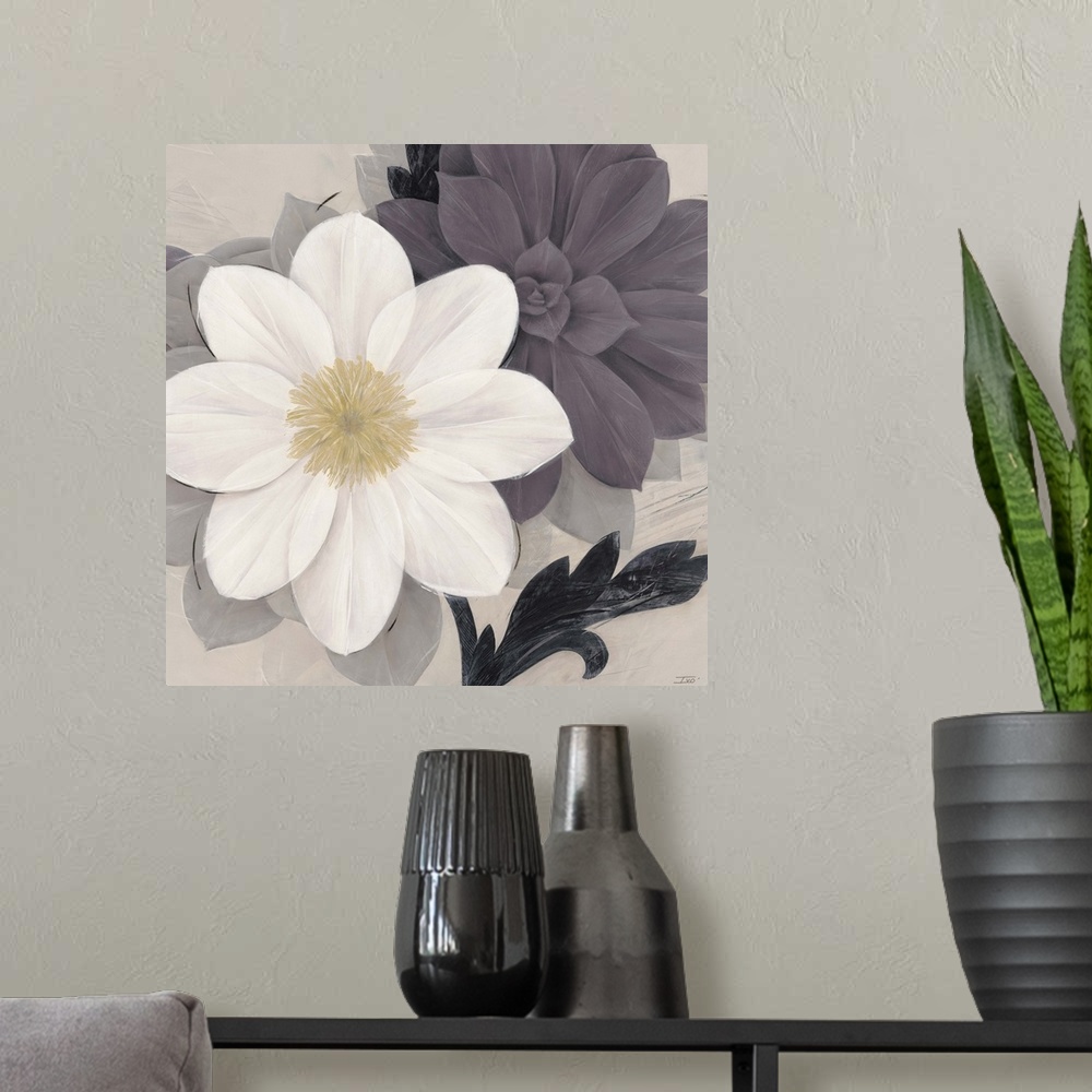 A modern room featuring A simplistic, contemporary image of a white and purple flower against a light grey background. Th...