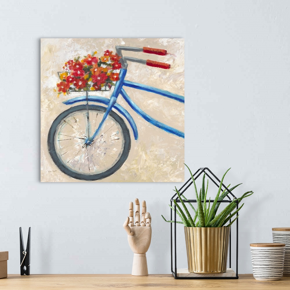 A bohemian room featuring Contemporary painting of the front half of a blue bicycle with vibrant flowers in the front basket.