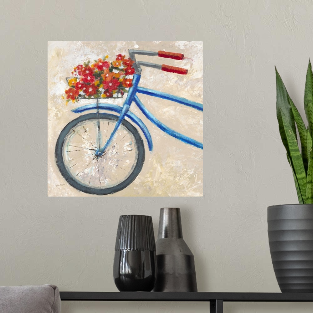 A modern room featuring Contemporary painting of the front half of a blue bicycle with vibrant flowers in the front basket.
