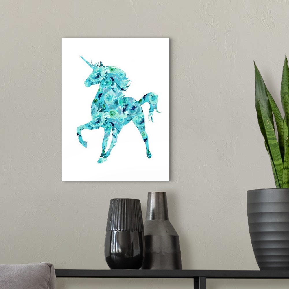 A modern room featuring Illustration of a blue and green floral unicorn on a white background.