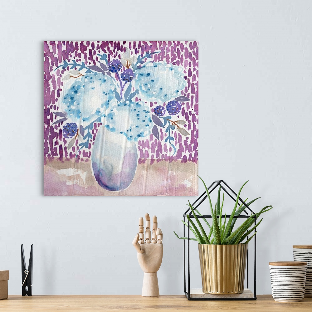 A bohemian room featuring Watercolor art print of a bouquet of pale blue hydrangeas in a tall vase.