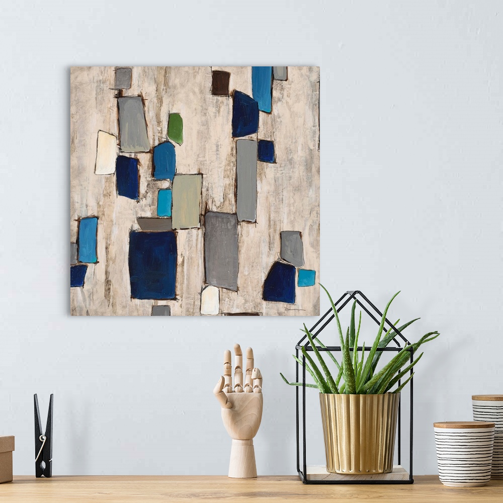 A bohemian room featuring Contemporary abstract home decor art using cool tones and floating geometric shapes.
