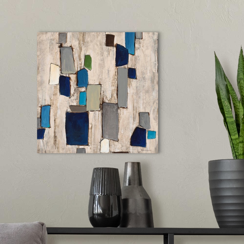 A modern room featuring Contemporary abstract home decor art using cool tones and floating geometric shapes.